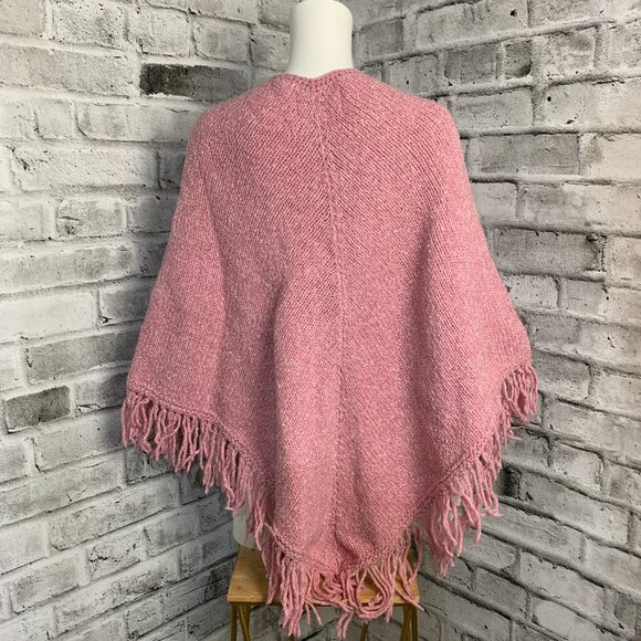Vintage World Folk Art Pink Fringe Knit Boho Hippie Poncho Sweater - Picture 4 of 12